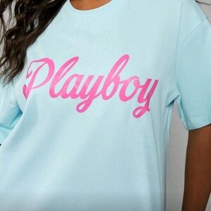 Playboy Cotton Pink Script Logo Oversized Short Sleeve Tee Baby Blue Cotton